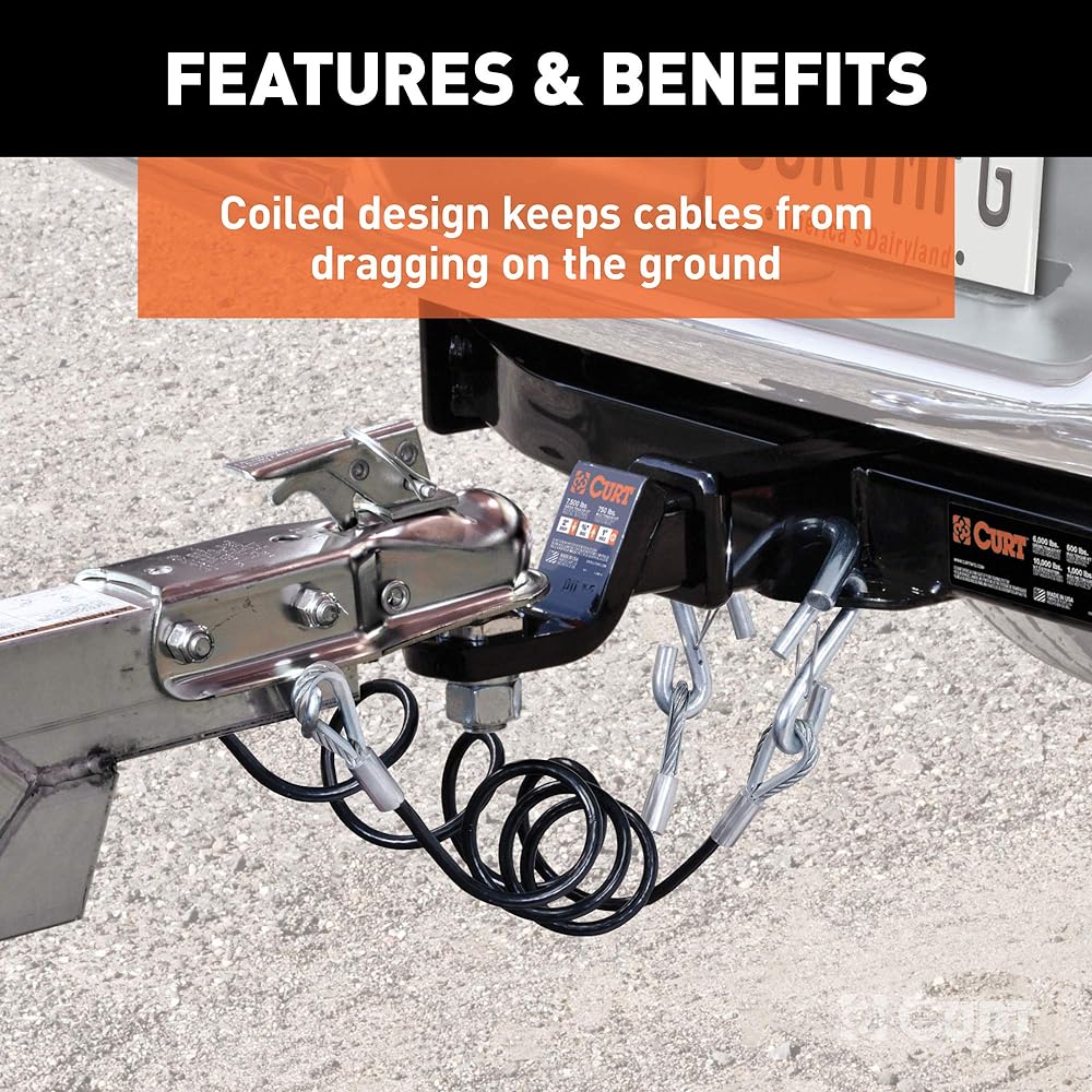 CURT 80136 43-7/8 inch vinyl coating trailer safety cable 3/8 inch snap hook broken intensity 3,500 pound 2 packs