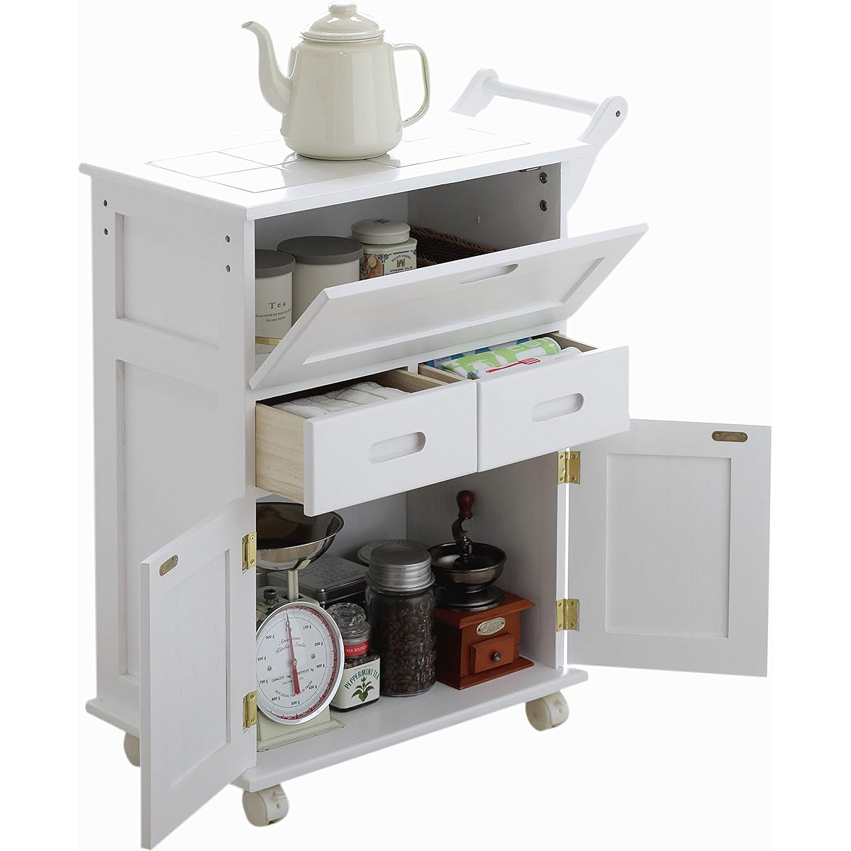 Otake Sangyo Kitchen Wagon with Casters Tile Top White 60x30x72cm Wooden Flap Type Storage Cart OSK-T017