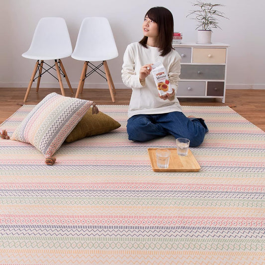 Hagiwara Rug Approx. 185 x 185cm "Hasina" Machine washable with non-slip treatment 100% cotton Geometric pattern with tassels