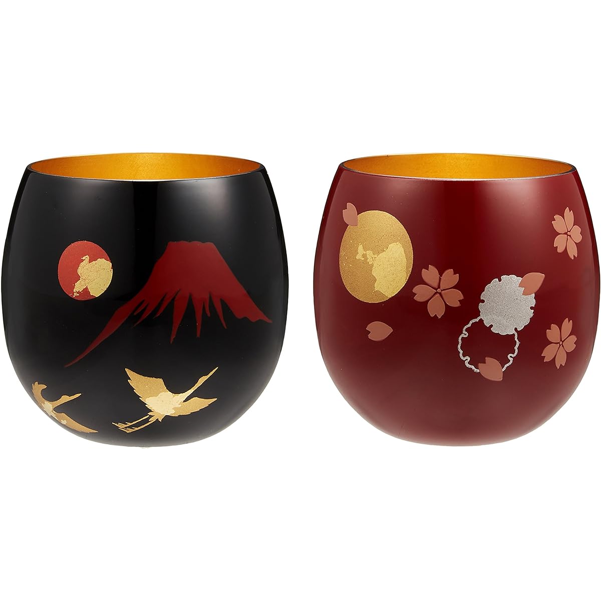 Asahi Sake/Shochu Glass Red/Black 70ml Lacquered Circle Madoka Choke 2P Set "Red Fuji with Crane & Setsugekka" SCS-OK1001