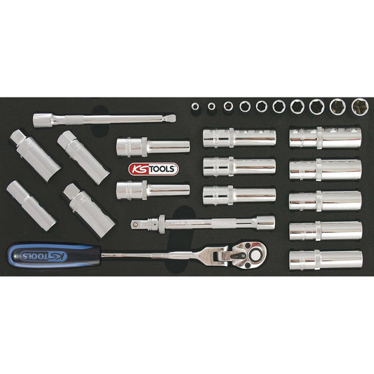 KS TOOLS CHROMEplus spark plug service set 1/4"-1/2'' 27pcs 1/3 system inserts CHROMEplus spark plug service set 1/4"-1/2'' 27 pcs 1/3 system insert 818.1304