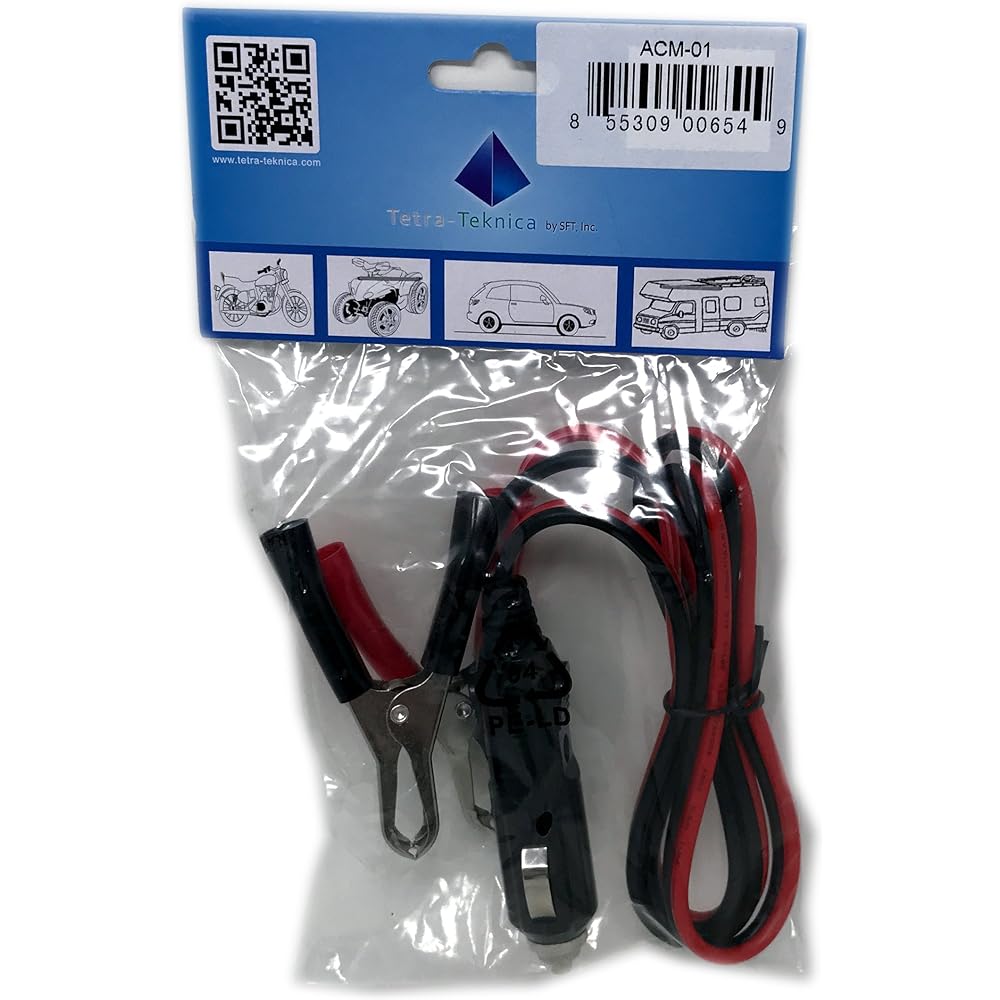 TETRA-TEKNICA MOTOBASICS Series ACM-01 12V Cigar Writer Ma Plug Battery Clamp 3 feet 16AWG Copper wire 10A Built-in fuse
