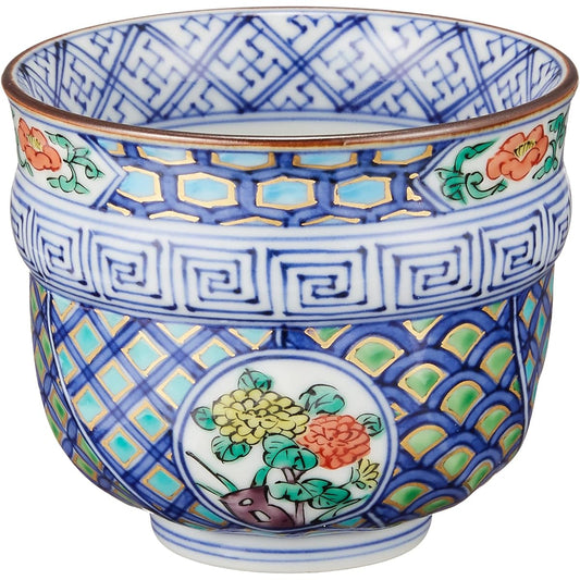 Kyoto ware, Kiyomizu ware, Shoami kiln, small teacup, colored illustration, round patterned flowers UAM685