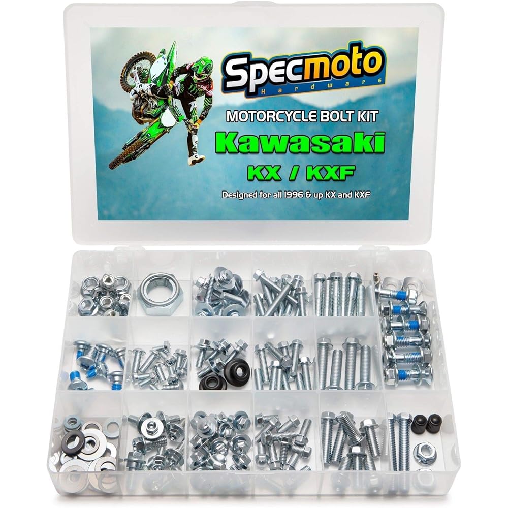 Specmoto Hardware Kawasaki Bolt Kit: KX/KXF Model Series Dart Bike (after 1996).