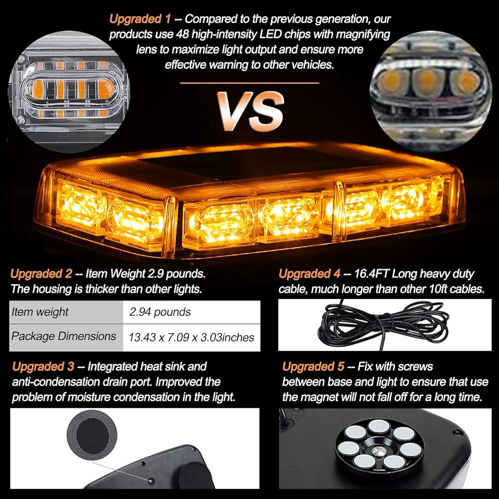ASPL 2 48LED Roof Top Strobulite High Visibility Ceremony Emergency Safety Warning LED Mini Stroballite Bar Magnetic Base 12-24V For Snow Rover Truck Construction Vehicle (Amber)
