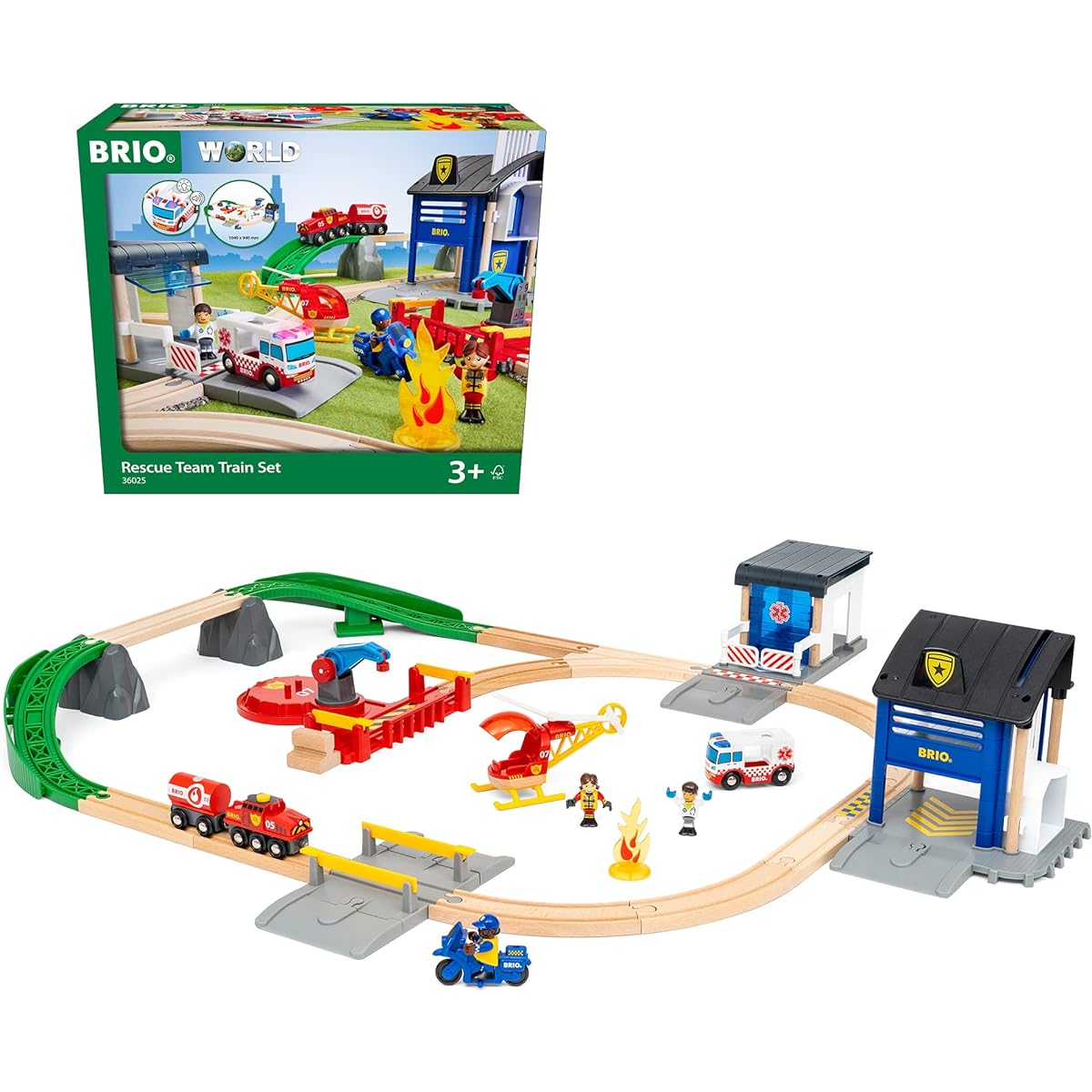 BRIO WORLD Rescue Team Set 36025 [44 pieces in total] Ages 3 and up (Electric vehicle, train, toy, wooden rail) Red, Green, Blue, Yellow