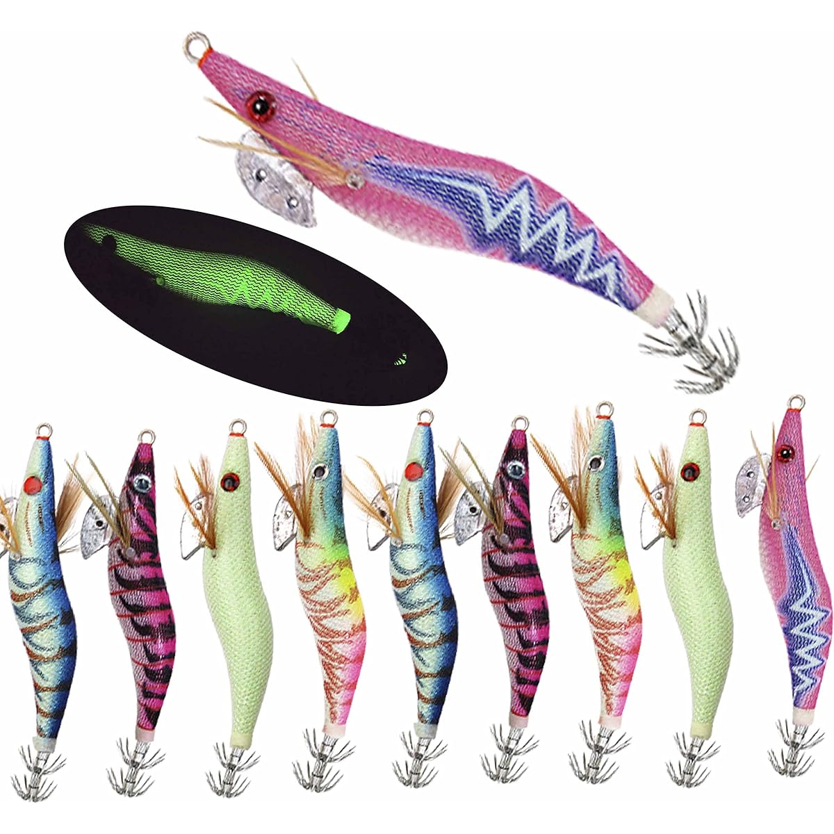 Egilure Egging Egi Set, Squid Fishing, Bait Wood, For Squid, Octopus, 5 Colors, Fluorescent Body, No. 2.5, No. 3.0, No. 3.5, 5-10 Egi Set