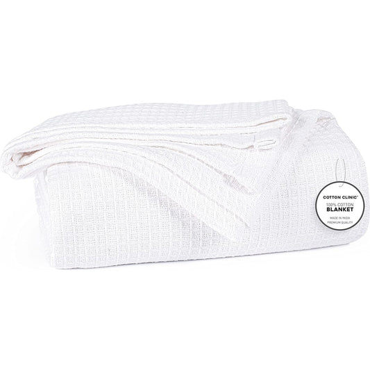 Cotton Clinic Single Summer Blanket, Winter Blanket, 100% Cotton Bed Blanket, Soft Comfortable Lightweight Washable Waffle Fabric 60x90 inches (152x228 cm) Single Size Blanket Winter Summer, White