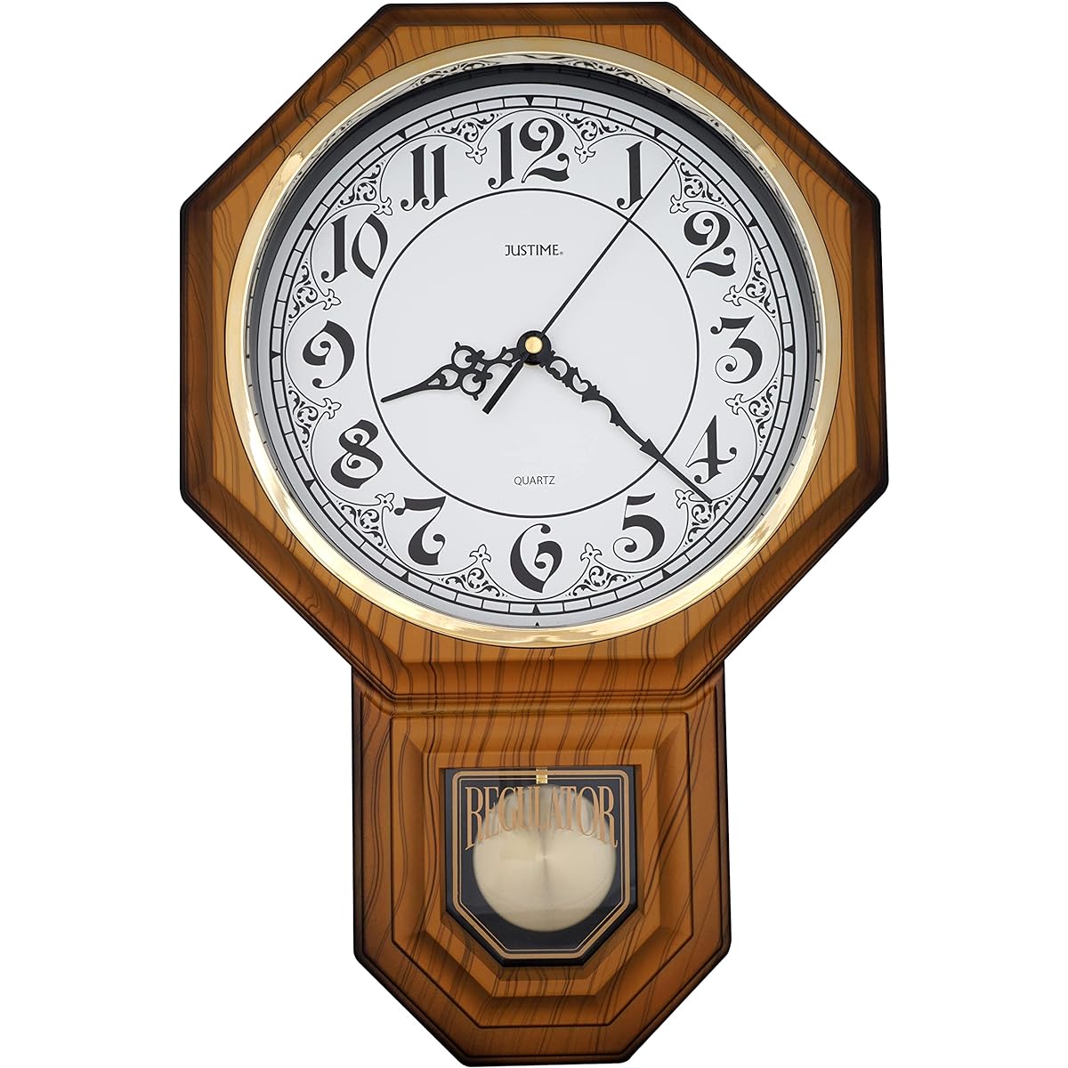 JUSTIME Traditional Schoolhouse Vintage Arabic Pendulum Wall Clock with Chime Hourly Westminster Melody 17.5" (44cm) H x 11.4" (28cm) W x 2.8" (7cm) D Light Wood Grain AV-LW