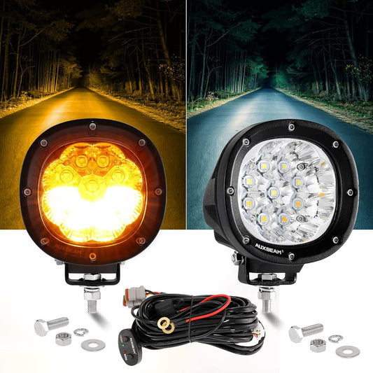 AUXBEAM 6 Mode Amber White White LED Light 4 inches 90W Round Off Road Fog Road Strobe Dual Color LED Pod Drive Off -Load Spot Light Bar Plug & Play Truck Car Ford Polarislangler