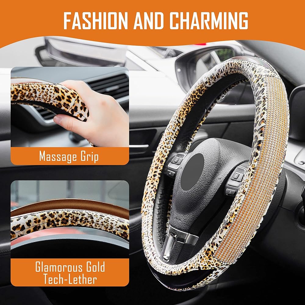 Nawataf Diamond handle cover glittering rhinestone leopard pattern leather universal fit 15 inch wheels