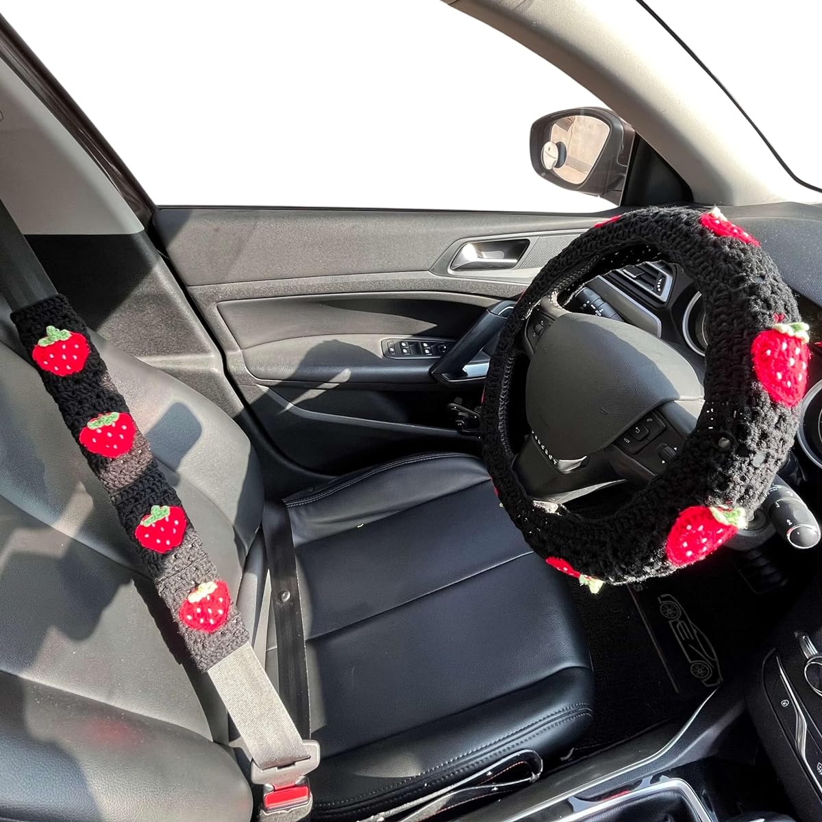 Kag needle handle cover set Cute car handle cover Boeho 14-15 inch black strawberry granny square Women car accessories gift (black strawberry cover set)