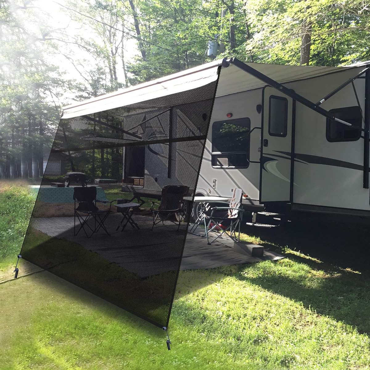 Excelfu RV Angnic Sunshade Screen Zipper 14 feet x 9 feet -RV -turned Shade Screen Black Mesh UV Blocker Complete Kit RV Camping Car Trailer Camping Car Camping Car Camping Car