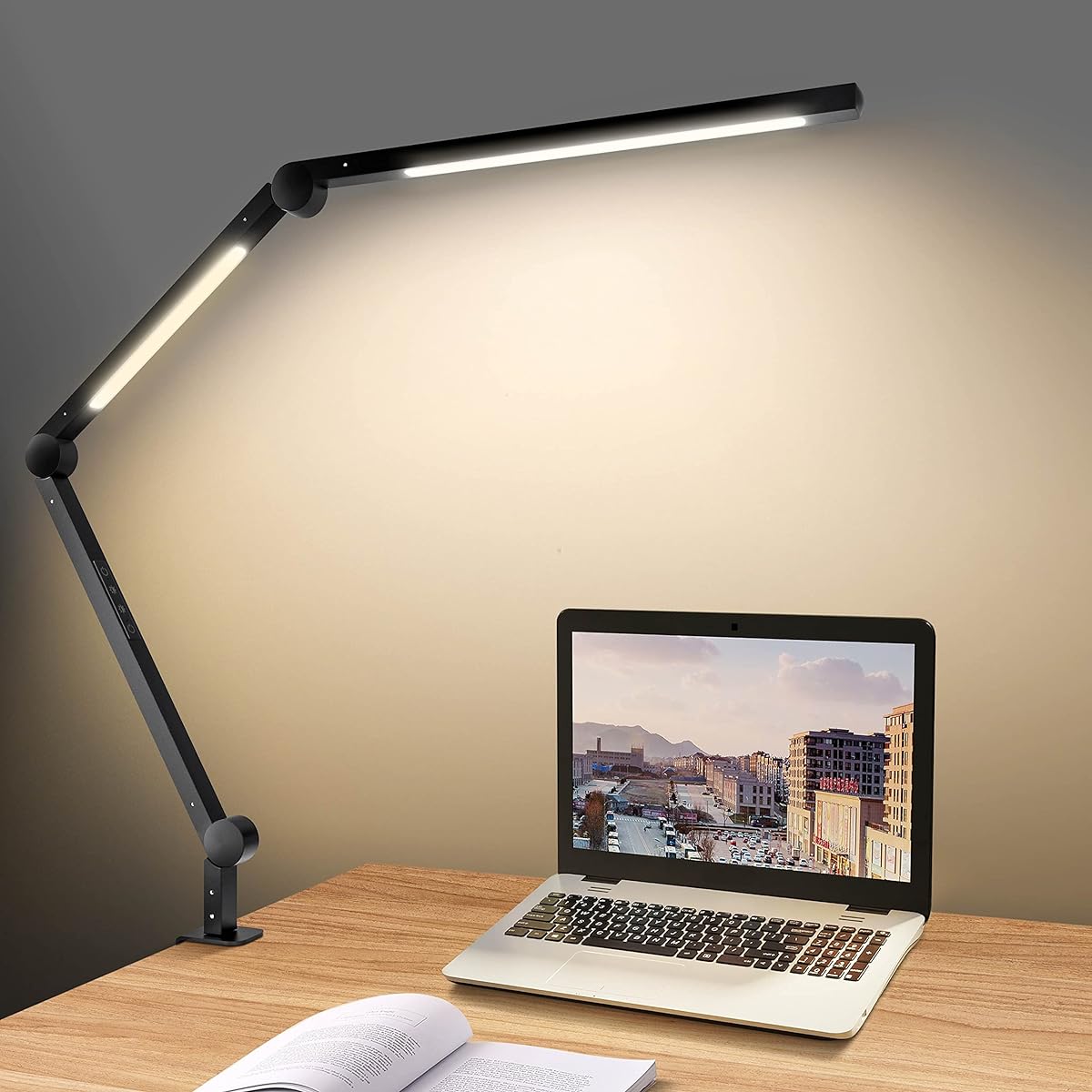 Desk Light LED [Double Light Source/Independent Control] 4 Level Dimming Color MediAcous Clamp Desk Lamp [12W/PSE Certified] Aluminum Alloy Touch Sensor Foldable Multi-Angle Adjustment Compact Desk Light Easy on the Eyes Reading/Study/Work ME-DL02