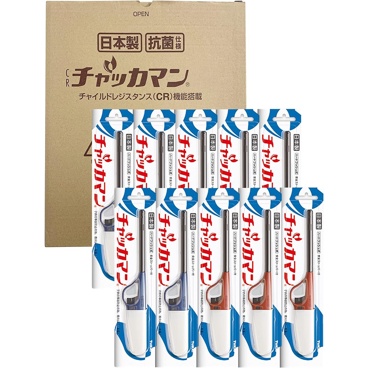 Tokai Chukkaman CR Lighter Ignition Stick Red Blue Approx. Height 7 x Width 2.7 x Width 23.5cm Child Lock Safety Design Made in Japan Antibacterial Set of 10