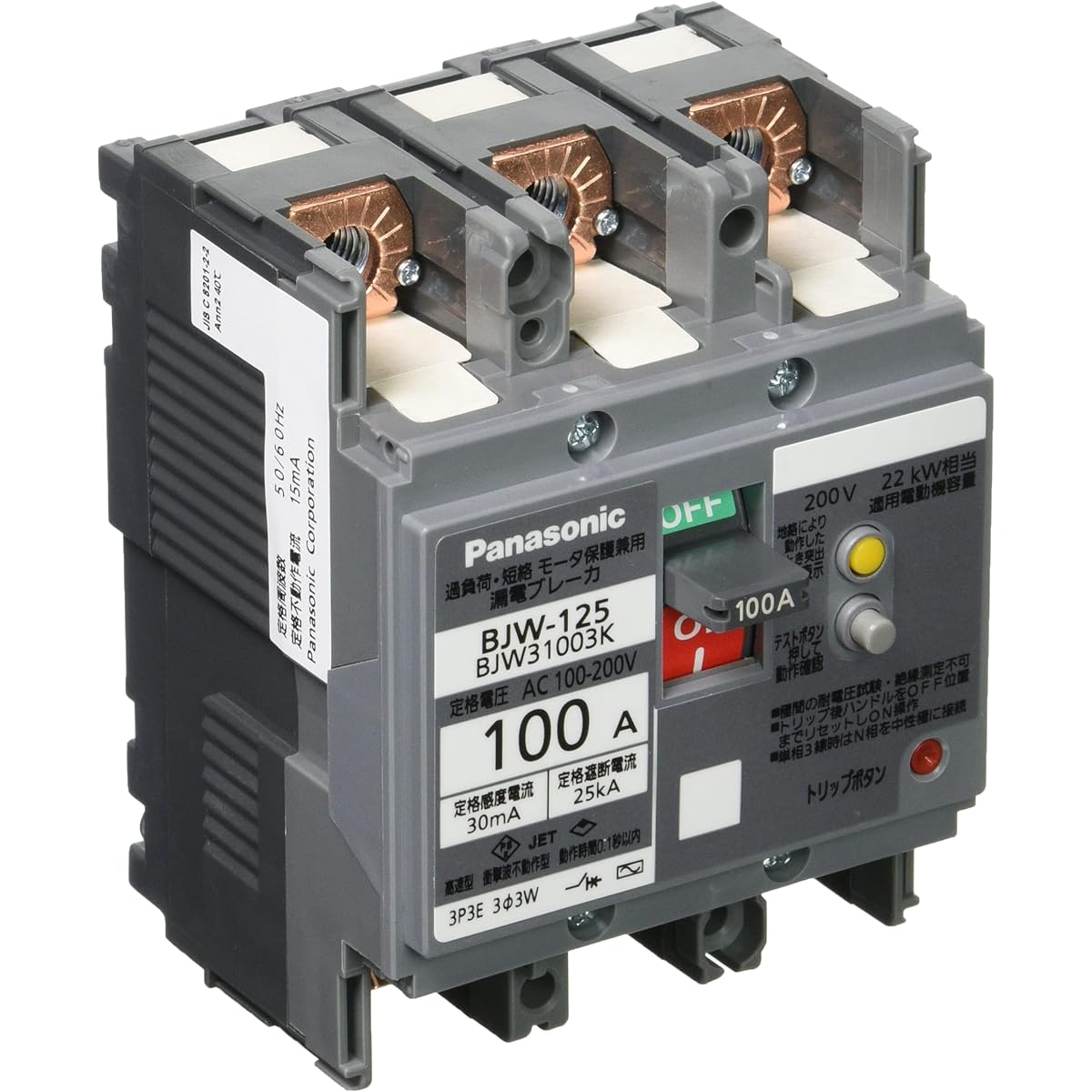 Panasonic Earth Leakage Breaker BJW-125 Type 3P3E with OC 100A 30mA Motor Protection BJW31003K