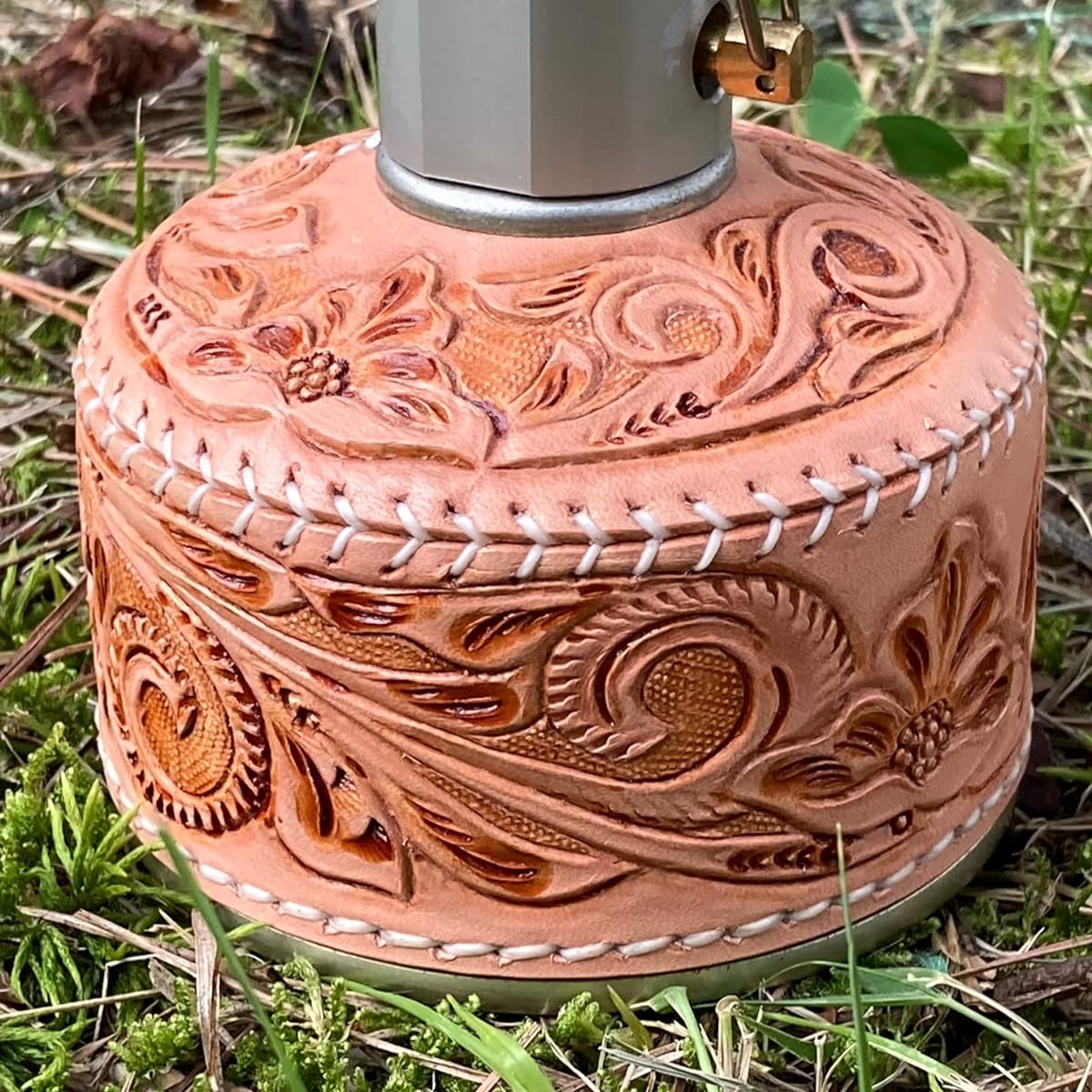 Cowhide carving OD can cover handmade tanned leather gas cartridge cover (for 110/250)