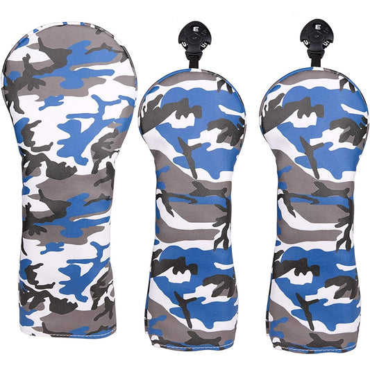 High quality PU leather driver/wood FW head cover 3-piece set No. 1 + No. 3 + No. 5 set (American flag pattern star/American flag eagle pattern/camouflage/red x black/skull x England flag) (camouflage blue)