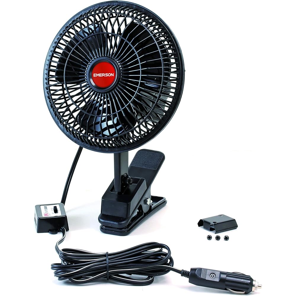 Emerson EM-346BK Oscillating Car Fan, DC 12V, Black, 2 Wind Speeds, 2-Way Mounting, Clip-On/Screw-In Type