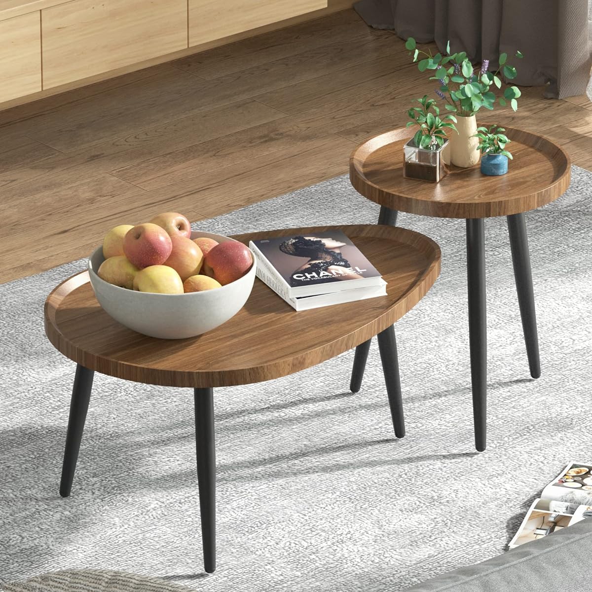 UNHO Nesting Table, Low Table, Wooden Center Table, Coffee Table, Stylish, Scandinavian, Width 80cm + Width 40cm Set, Living Table