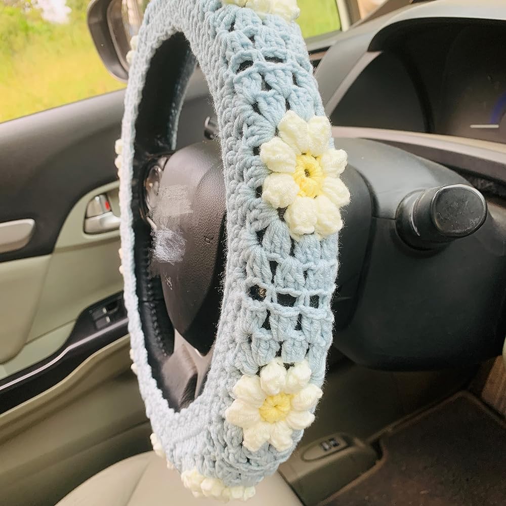 ONETERNAL Handmade Kagui Handle Cover Ladies Girls Cute Blue Puff Flower Seat Belt Cover Inside Accessories (handle cover)