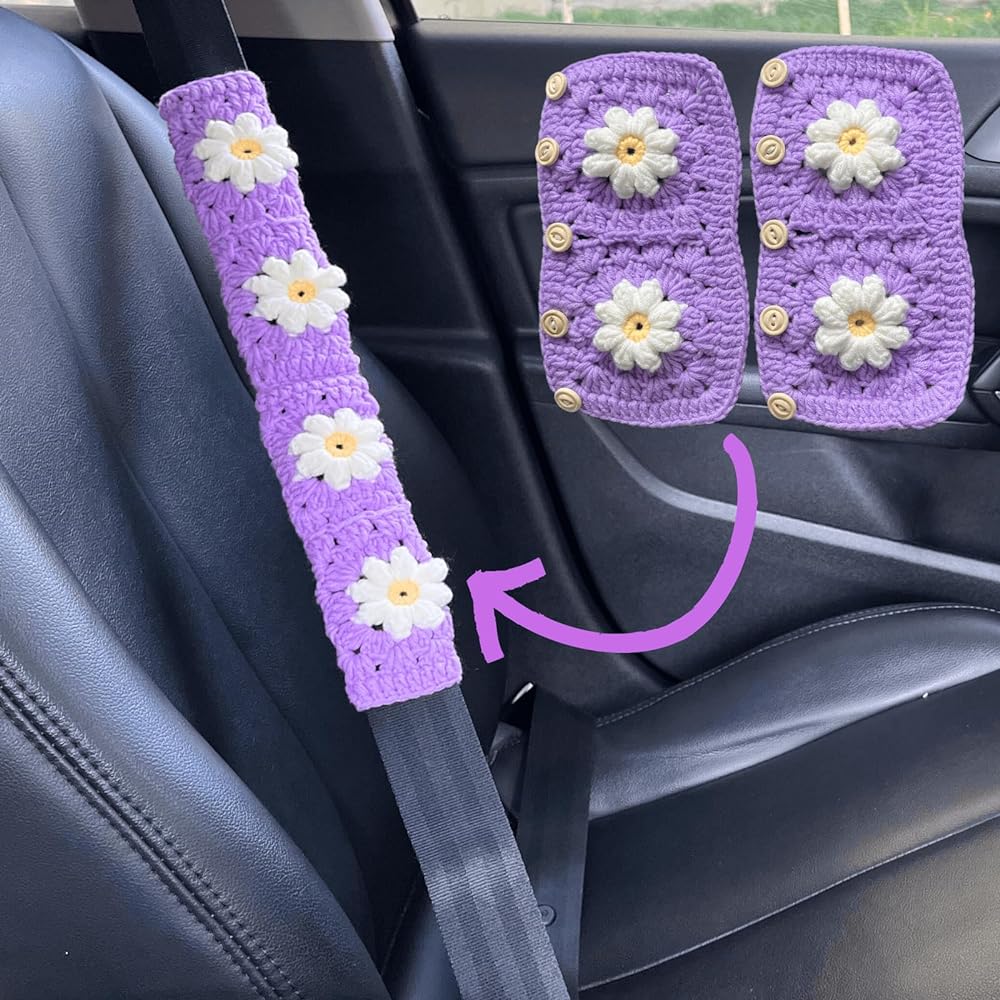 Kag needle handle cover set Cute car handle cover Boho 14-15 inch Handmade Daisy Square Pattern Gift Ladies Car Accessories (Wheel Cover)