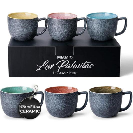 MIAMIO - 470ml Coffee Cup x 6/Mug Set/Coffee Cup Large/Modern Stoneware Coffee Mug Las Palmitas Collection Set of 6