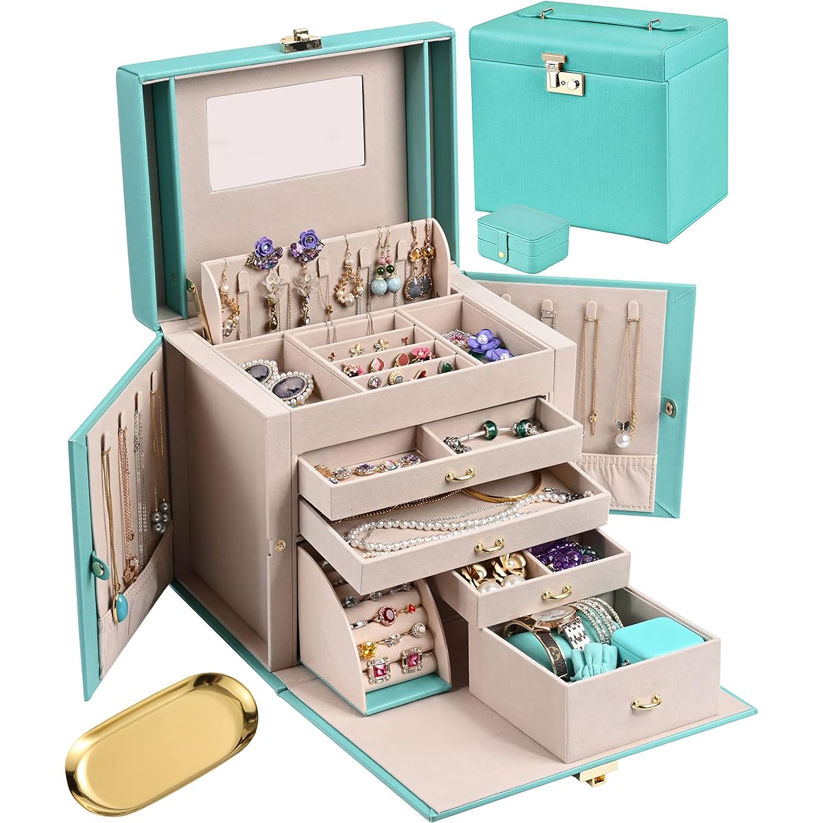 SANSREPONSE Jewelry Box, Complete Set of 3 Items, Large Capacity, Luxurious Accessory Case, Accessory Storage, Accessory Box, Jewelry Box with Key, Mirror, Earrings, Necklace, Ring Holder (L-TF Blue)