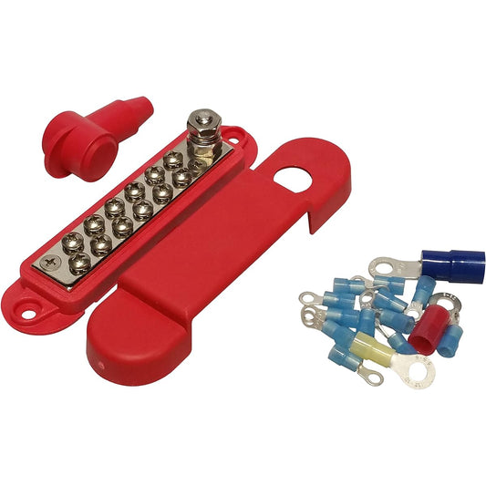 (Red) 12 terminal distribution block -BUSBAR with ring terminal