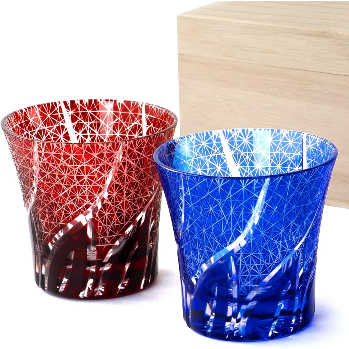 SEIDO Kiriko Glass Pair Set, Rocks Glass, Old Glass, Shochu Glass, Made in Japan, High Quality Paulownia Box, 240ml (Chrysanthemum Tsunagi)