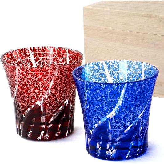 SEIDO Kiriko Glass Pair Set, Rocks Glass, Old Glass, Shochu Glass, Made in Japan, High Quality Paulownia Box, 240ml (Chrysanthemum Tsunagi)