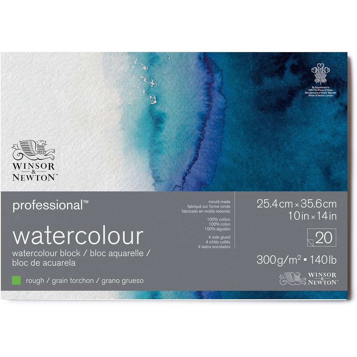 Winsor & Newton Professional Watercolor Paper Block Bright Natural White Coarse Grain 300g 25.4 x 35.6cm 20 Sheets 19102011