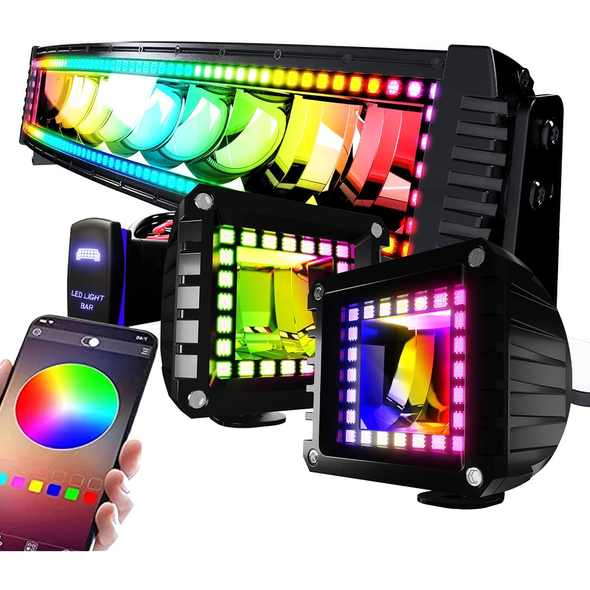 FEELON 22 inch curved RGB LED light bar 2X 4 flood LED pod tracking RGB HALO 16 color off -road driving fog switch with wiring harness
