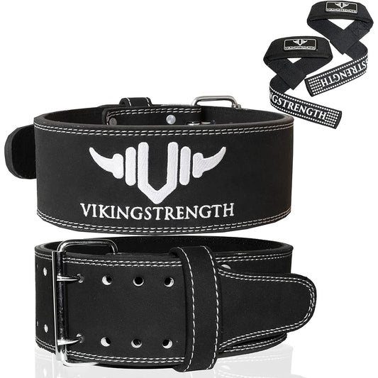 Vikingstrength Premium Weight Lifting Belt with Lifting Straps, Gym Weight Lifting Belt for Men and Women, Perfect for Squats, Powerlifting, Crossfit, Deadlifting M-4XL + V Strength Workout App