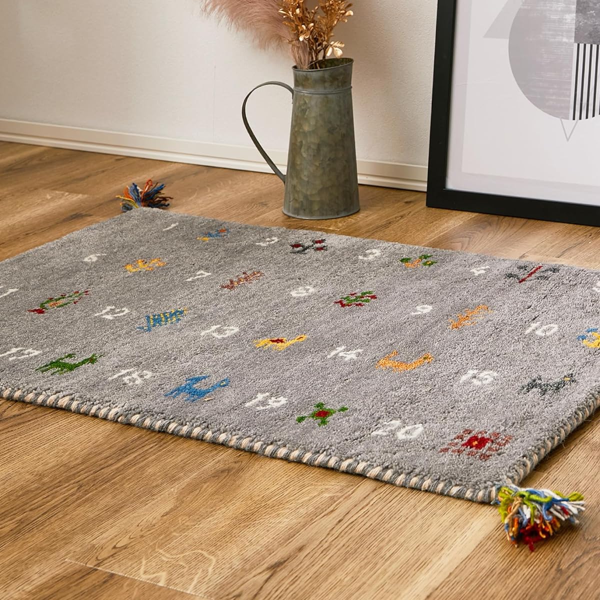 Hagiwara Gabbeh Entrance Mat Indoor Gray Approx. 60 x 90cm "Numero" Wool Hand-woven Ethnic Pattern