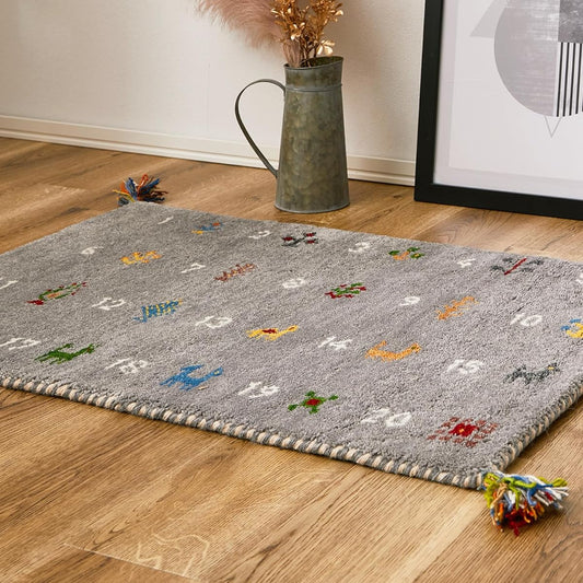 Hagiwara Gabbeh Entrance Mat Indoor Gray Approx. 60 x 90cm "Numero" Wool Hand-woven Ethnic Pattern