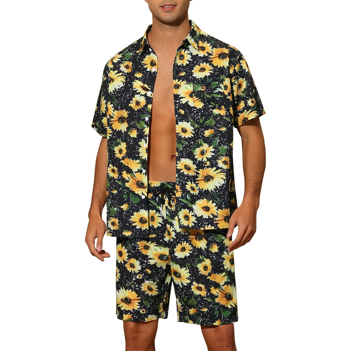 [Lars Amadeus] Summer Shirt Shorts Sportswear Short Sleeve Floral Lemon Heart Print Hawaiian Coordination 2 Piece Set Holiday Men's