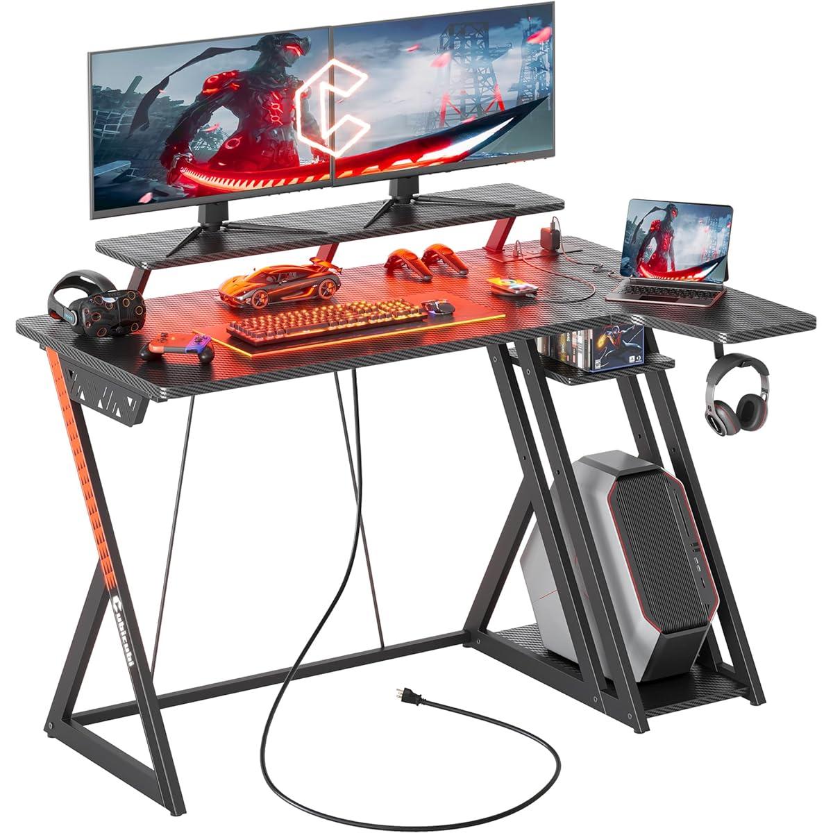 CubiCubi Gaming Desk with LED, Storage Shelf, Monitor Stand, Outlet Included, L-shaped Desk, Stable, Stylish, Living Alone, Includes Hook, For Gaming, L-shaped Desk, Width 100cm x Depth 60cm, Black