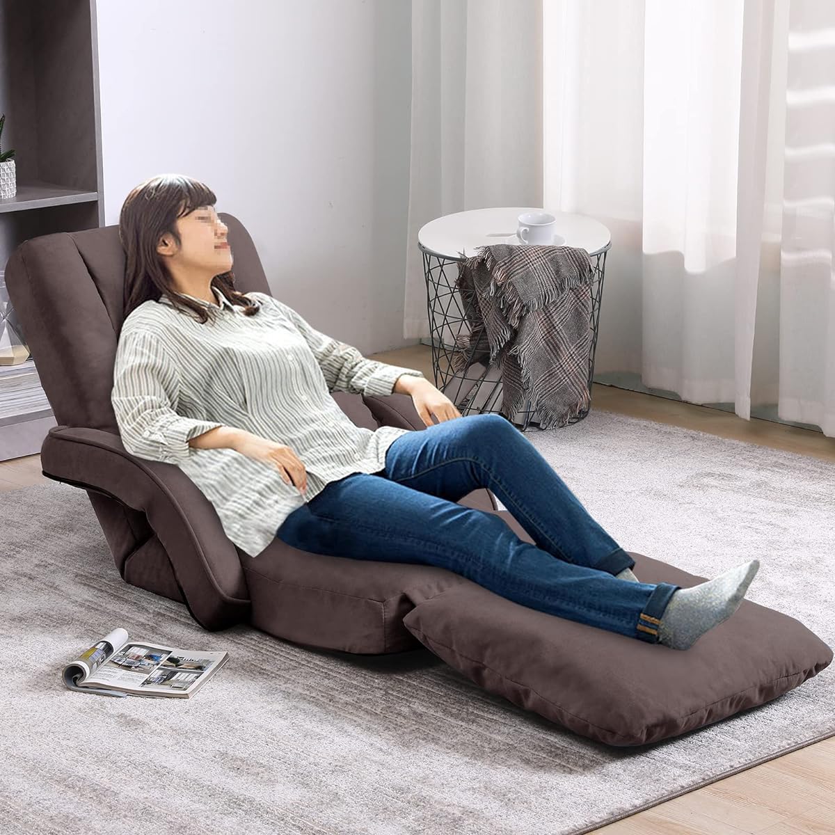 KyoDa Seat Sofa with Armrest, Cushion, Foldable, Reclining, High Back, 14 Level Adjustment, Fuwafua, Leg Rest, Floor Chair JP-8802-BR
