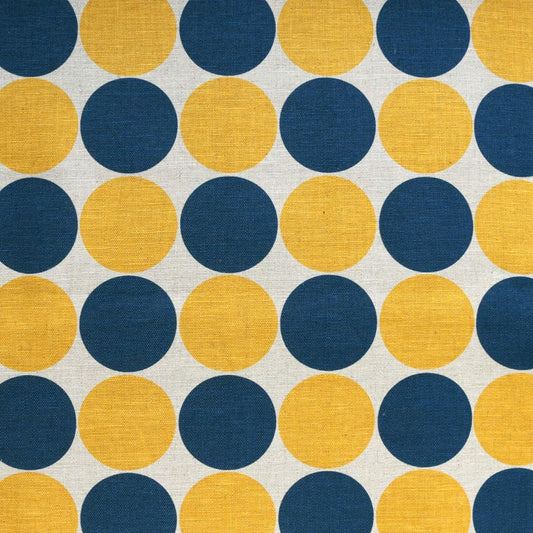 NBK Wide Cotton Linen Print Fabric Polka Dot Circle Cotton Linen Scandinavian Style Cloth Blue x Yellow Width Approximately 150cm x 7m Sold Cut MAT8202-G-7M