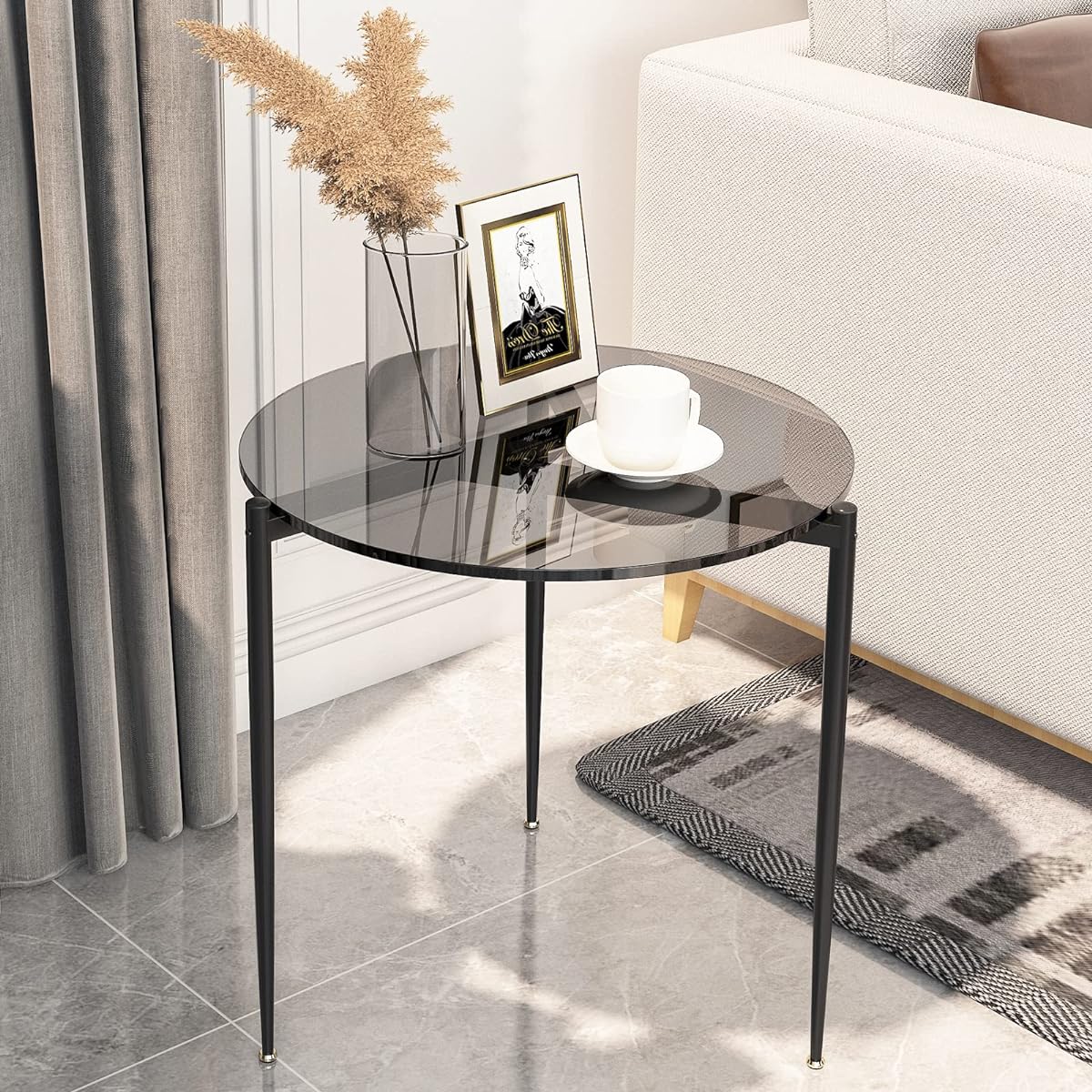 Side Table Glass Coffee Table Round Glass Table Center Table Small Width 50.3cm Bedside Table Table Stylish Gray