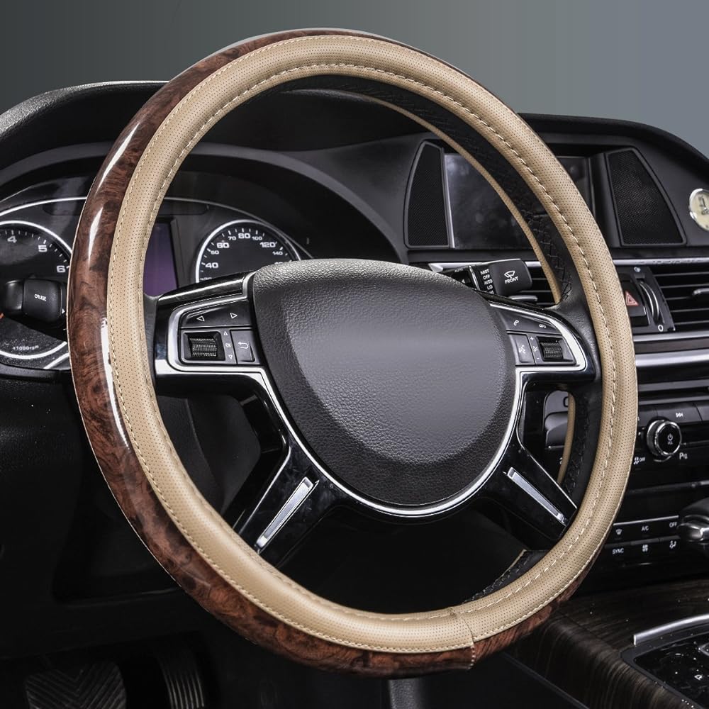 CAR PASS Universal Fit Full Wood Leather Leather Steering Wheel Cover SUV, Truck, Sedan, Slip Prevention Design ... (Black)