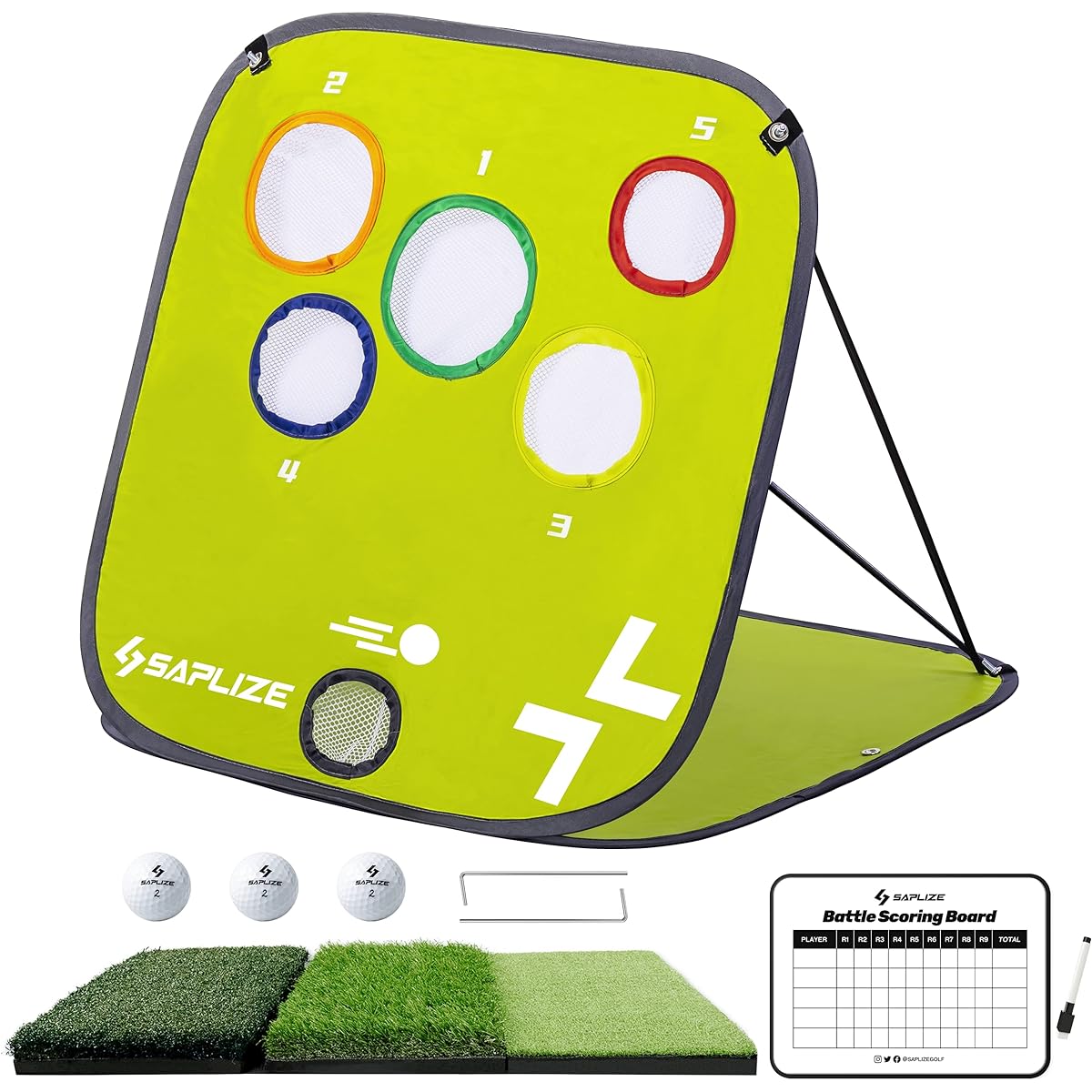 SAPLIZE Golf Chipping Practice Net, X-shaped frame, very sturdy, not easy to fall over, one-touch, easy assembly, strong load capacity, 3 holes/4 holes