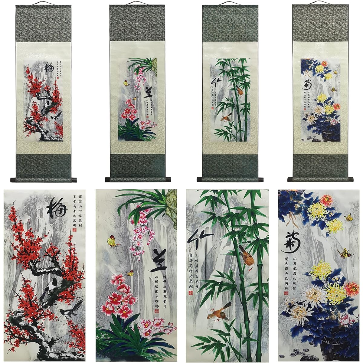 Silk Hanging Scroll Silk Scroll Painting Asian Wall Decoration Four Gentlemen - Plum Orchid Bamboo Chrysanthemum Beautiful Chinese Painting Hanging Scroll Painting Scroll Oriental Ornament 99 x 30 cm (39 x 12 inch)