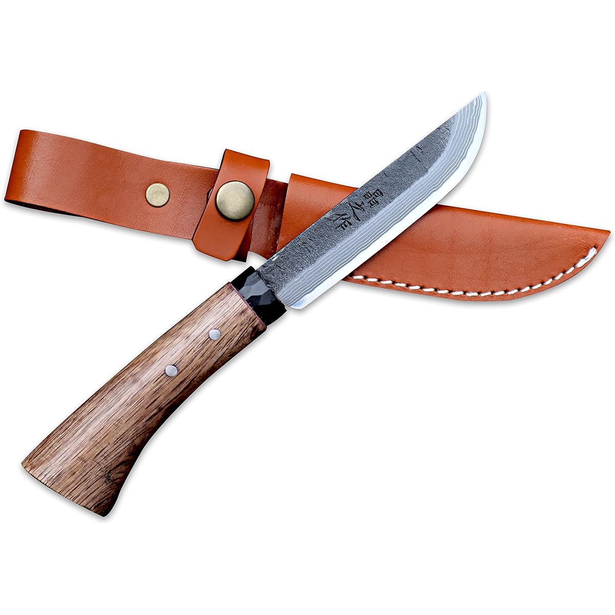 Akinosaku Tosa Shimanto Keiryu Knife 105 Damascus 15 Blue 2 (7+Blue 2+7) Kurotsuchi eyes Double-edged Black circle ring Oak oil stain handle Leather band keiryu-001 Toyokuni sheath knife Forged Outdoor Camping Climbing