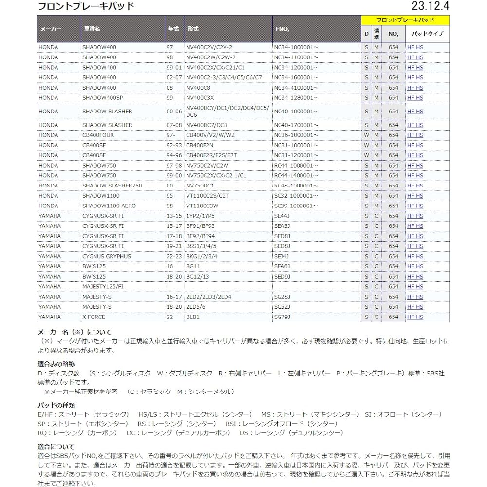 KITACO SBS Brake Pad 654HS Sinter Metal Shadow 400 CB400 Fore Shadow 750 Cygnus X-SR Majesty 125 Majesty S 777-0654020