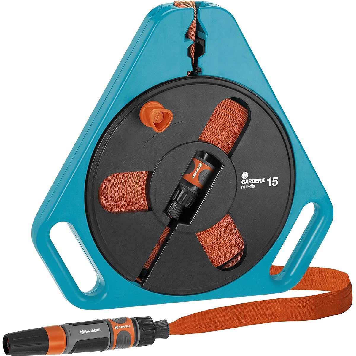 GARDENA Cassette Type Classic Roll-Fix Flat Hose Turquoise/Orange/Gray 15m Total Length 12mm Diameter 756-20