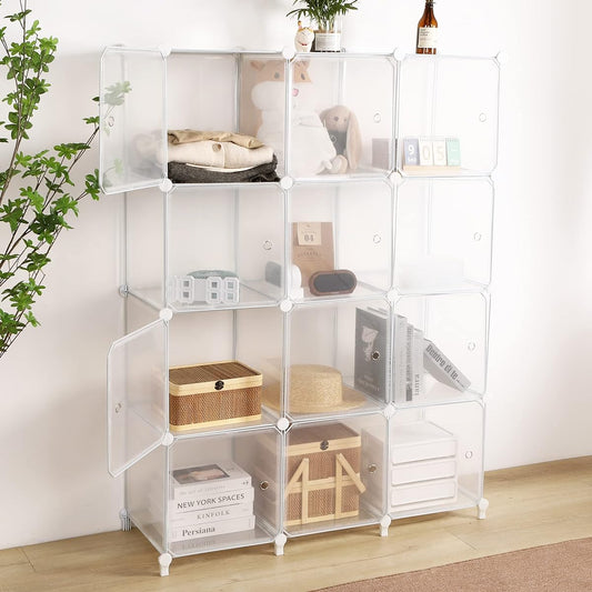 TITIROBA Storage Shelf with Door, Display Rack, Easy Assembly, Large Capacity, Organizing Shelf, Clothes Shelf, Storage Box, Closet, Wardrobe, Stylish, Space Saving, Versatile, Translucent, Clear, White, 12 Boxes