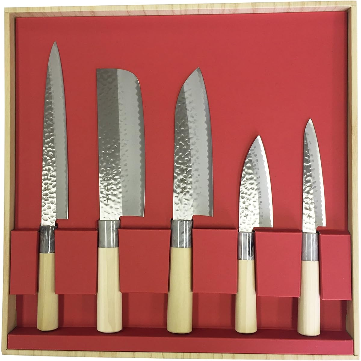 Yaxel Sekito Heisaku Knife Set of 5, Sashimi Knife, Nakiri Knife, Santoku Knife, Petty Knife, Kodeba Knife, Made in Japan, For Beginners, Single Edge, Japanese Knife, For Fish Handling, Vegetables, Hammered, Stainless Steel 32059