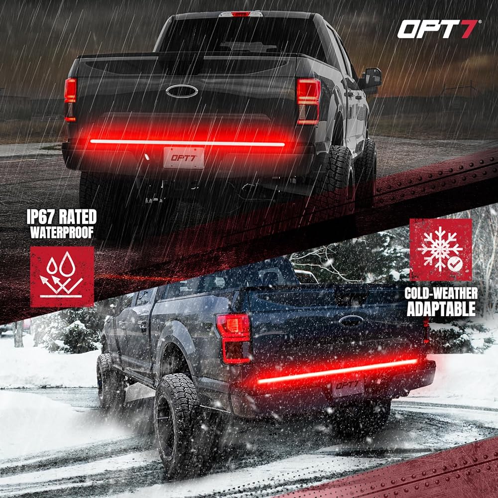OPT7 60" Red Line 3 Row LED Tailgate Light Bar with Sequential Red Turn Signal - Weather Resistant Hard Aluminum Frame Light Strip for Trucks - No Drilling - Full Function Reverse Brake Running